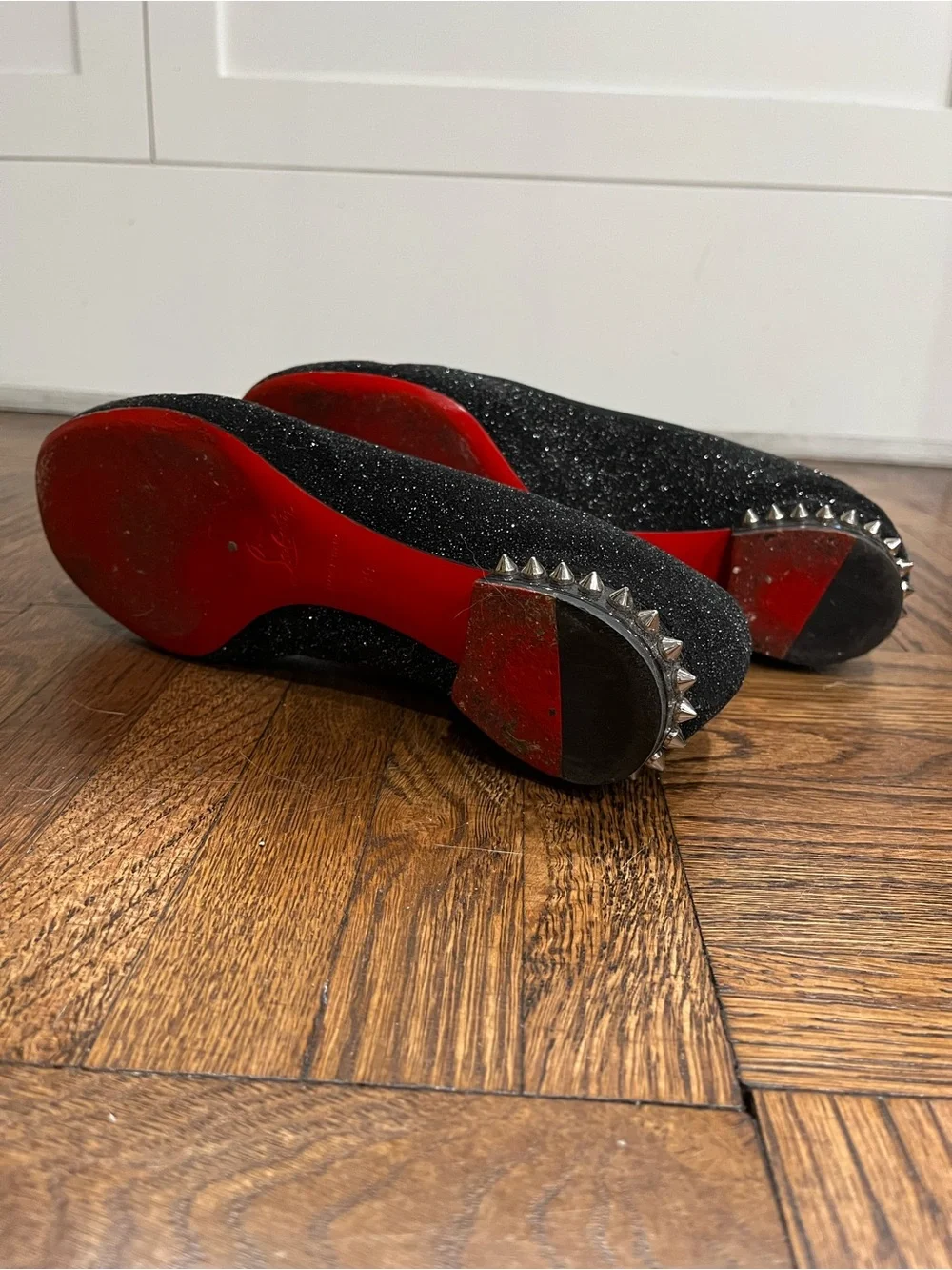Christian Louboutin Black Glitter Ballet Flat with Bow and Studded Heel
